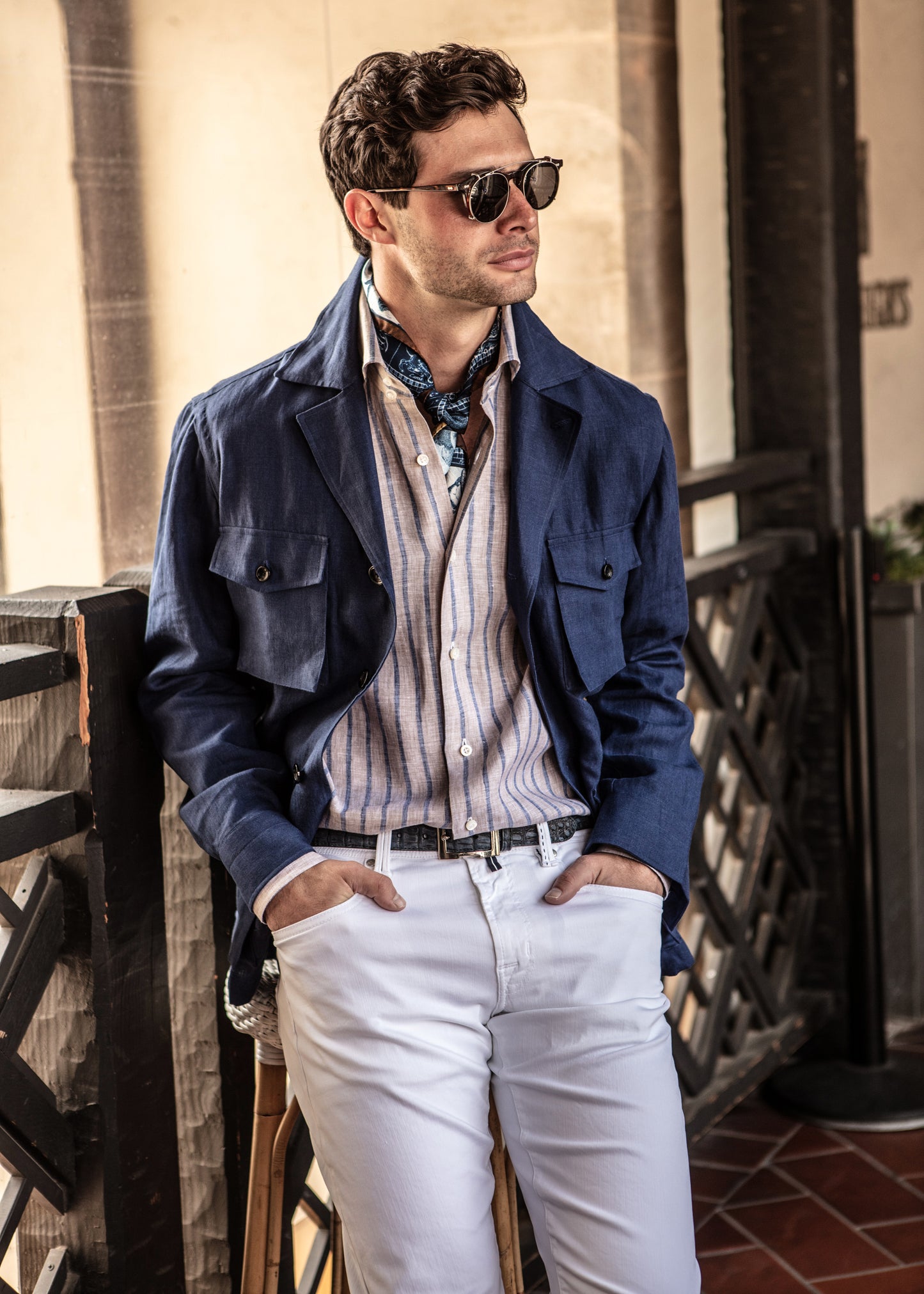 Classic Shirt in Tan With Blue Awning Stripe