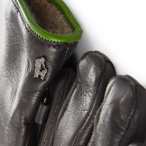 Hunting Gloves in Dark Brown Leather w/Green Trim