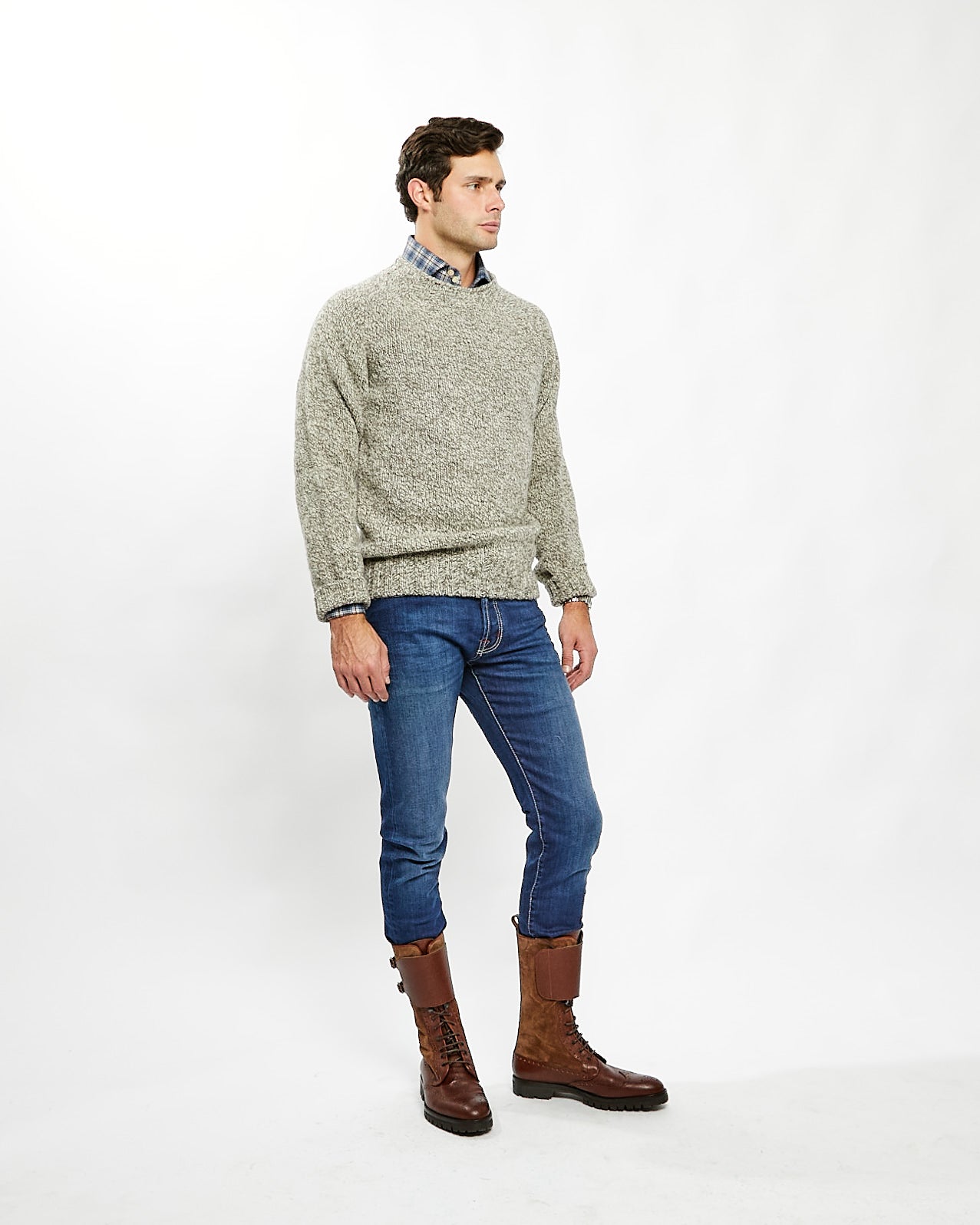 Saddle Shoulder Wool Crewneck Sweater in Grey