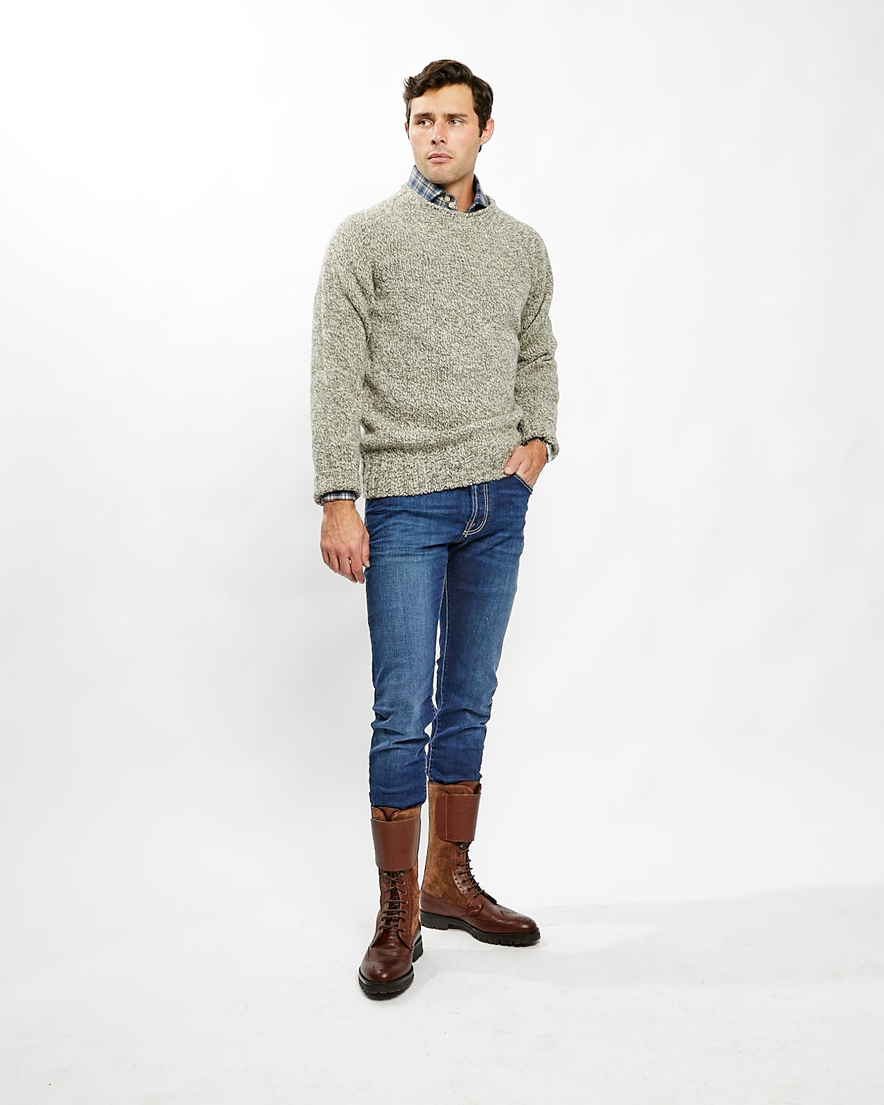 Saddle Shoulder Wool Crewneck Sweater in Grey