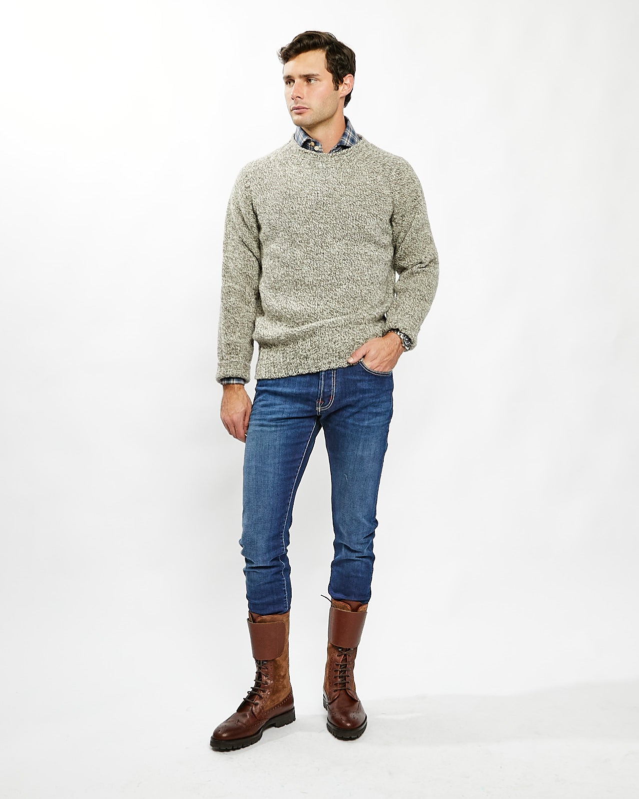 Saddle Shoulder Wool Crewneck Sweater in Grey