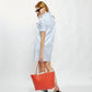 Gable Tote in Coral Leather with White