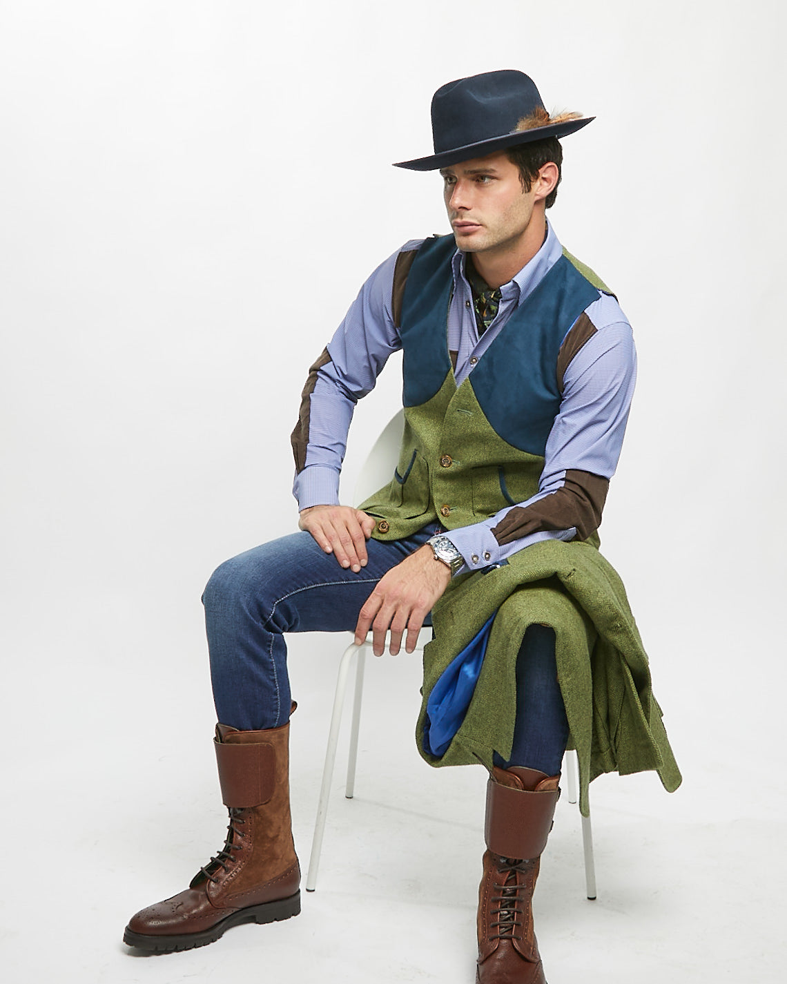 Harkey Vest in Moss Green Herringbone