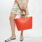 Gable Tote in Coral Leather with White