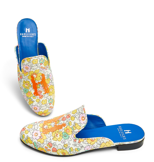 Donna Mule in Yellow Floral with Orange Logo