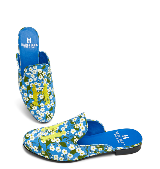 Donna Mule in Blue Floral with Gold Logo