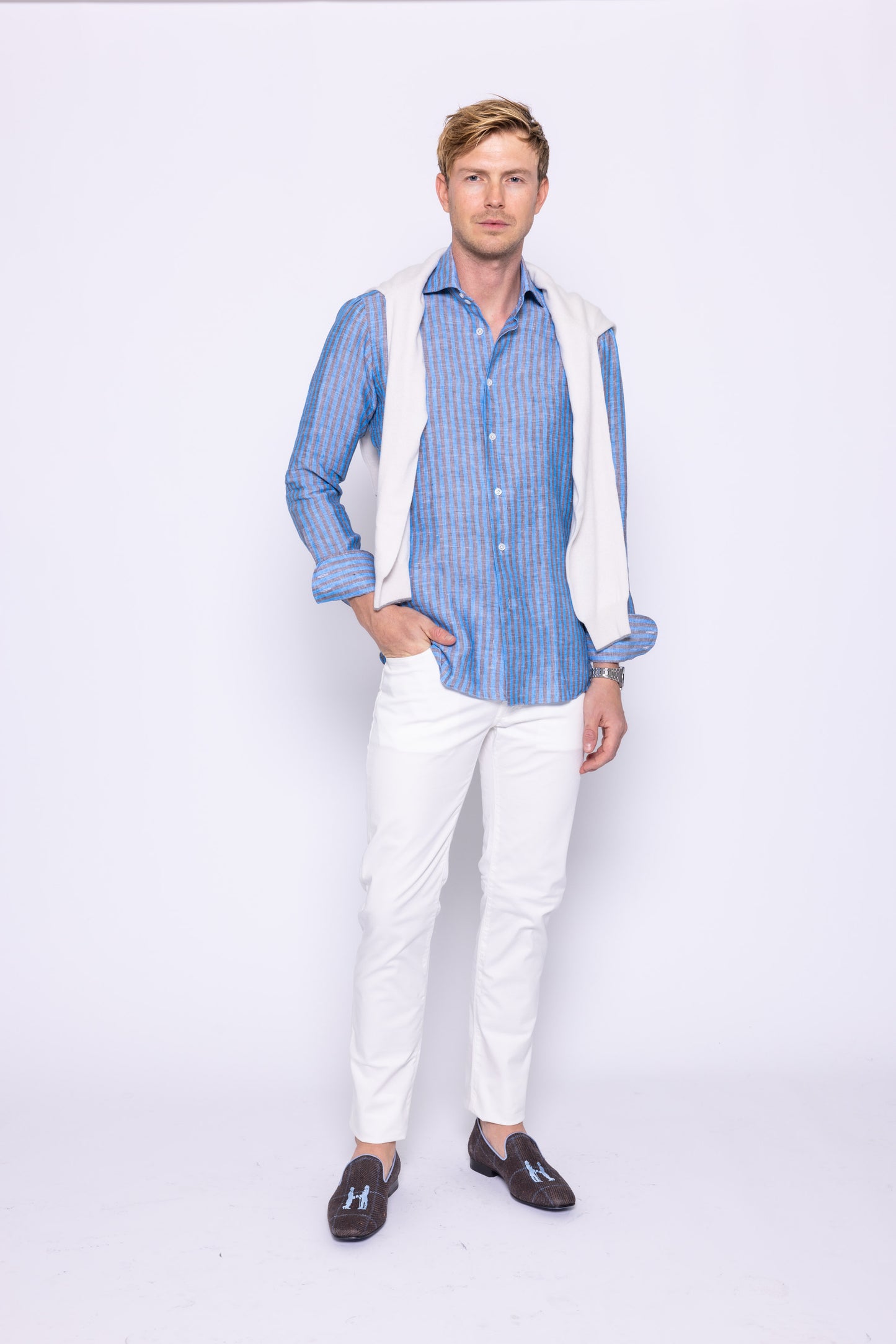 Navy/Aqua Bold Stripe Linen Shirt