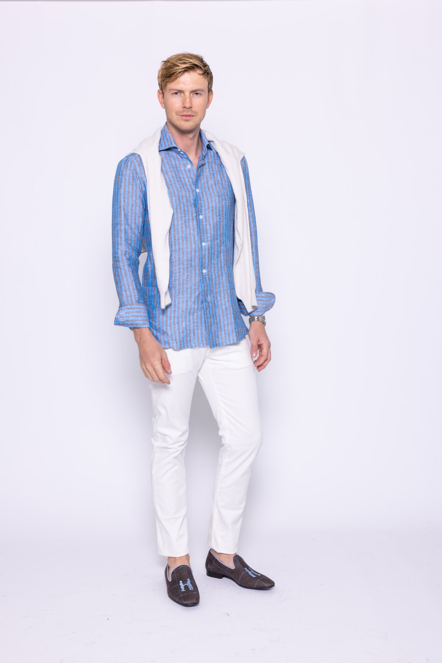 Navy/Aqua Bold Stripe Linen Shirt