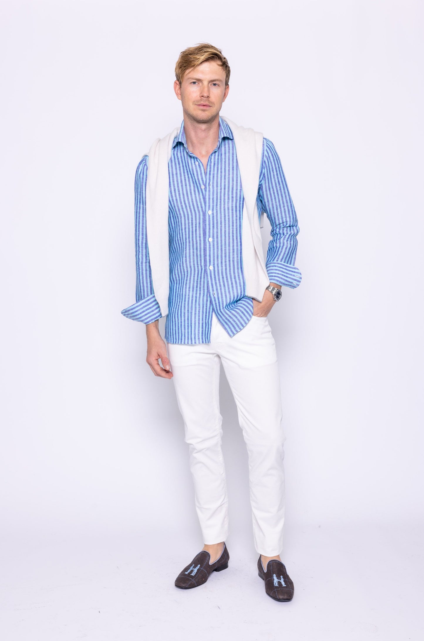 Navy/Green Stripe Linen Shirt