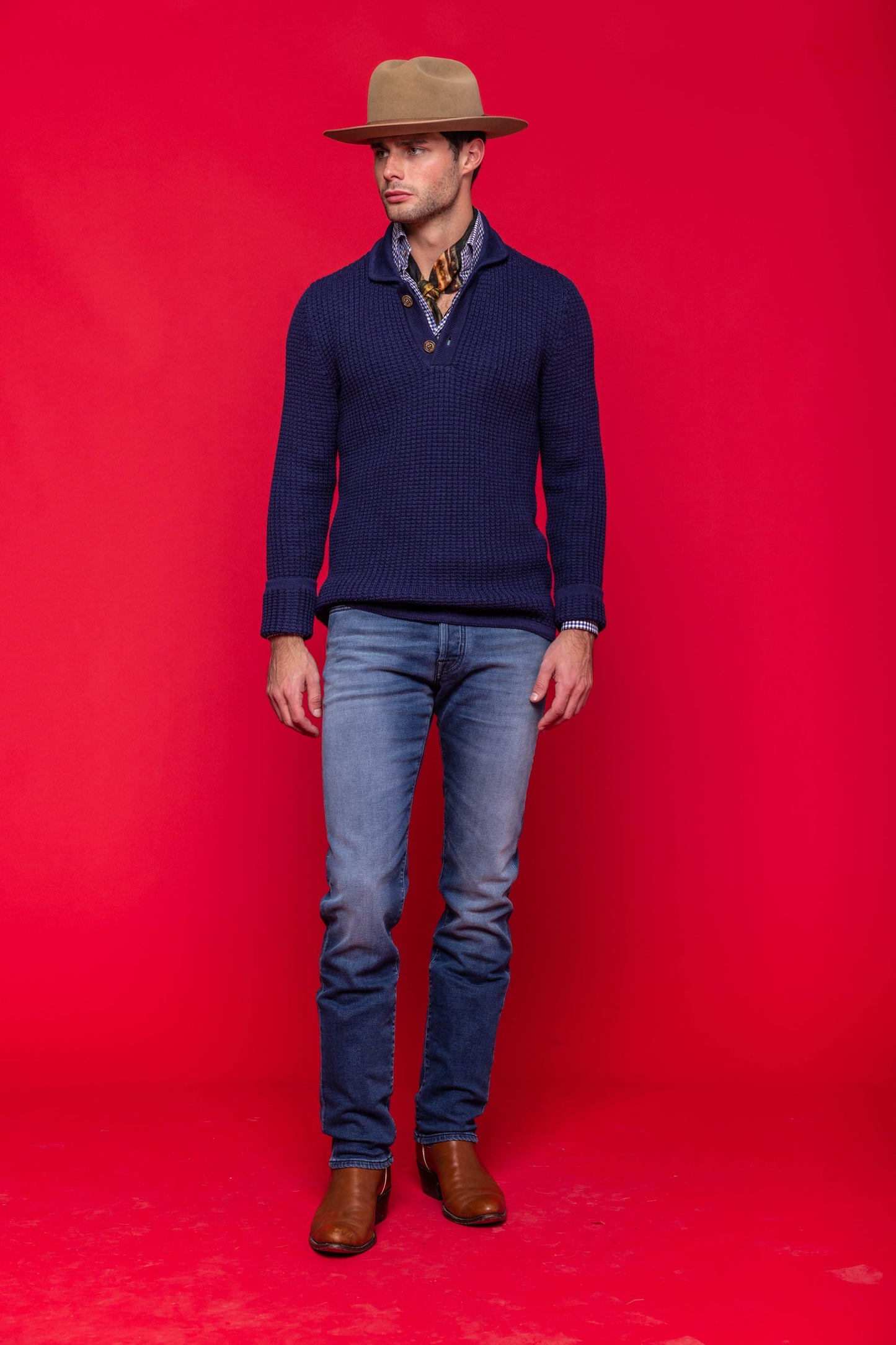 Waffle Knit Collared Sweater in Prussian Blue