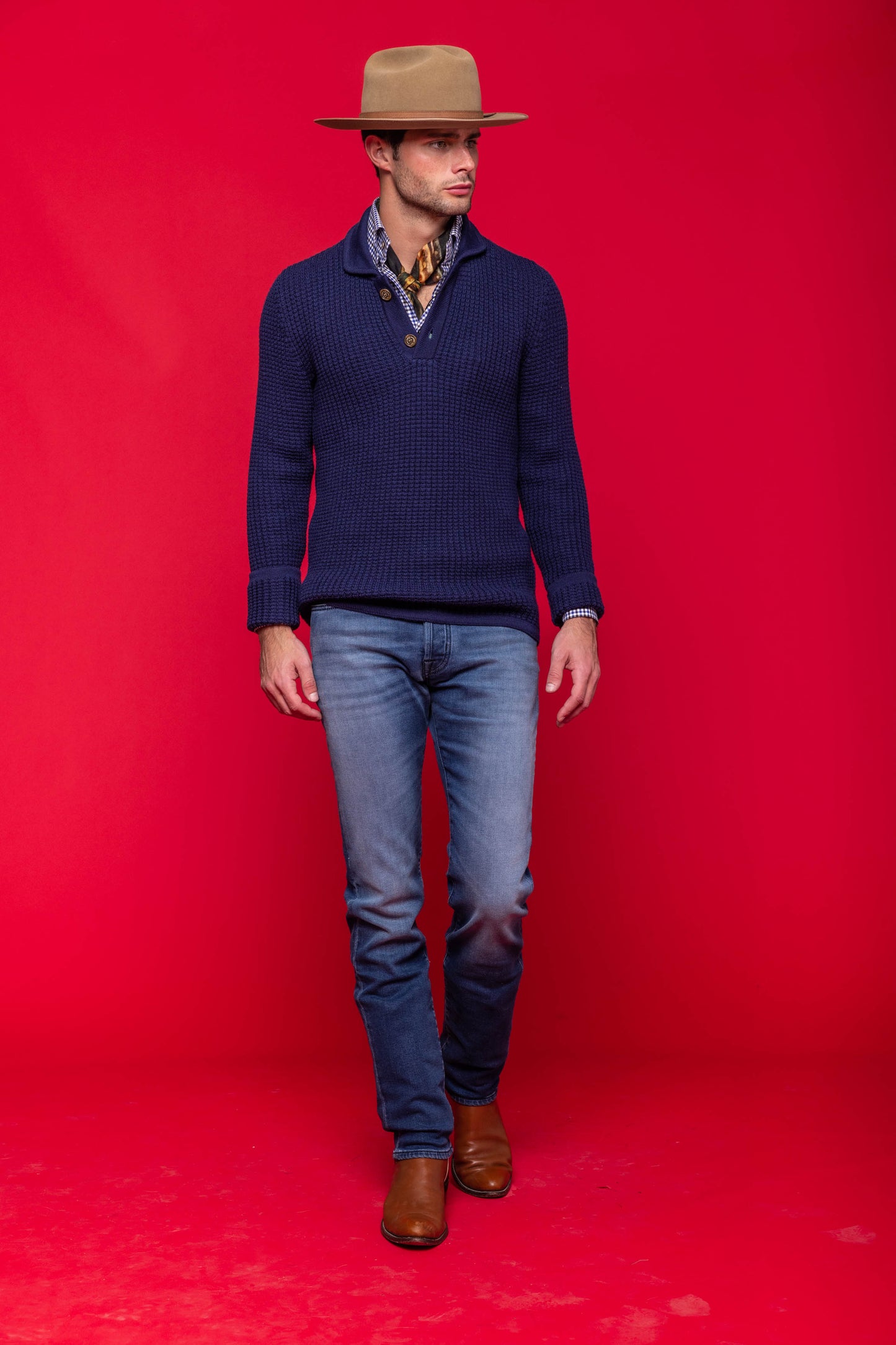 Waffle Knit Collared Sweater in Prussian Blue