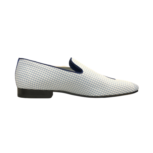 Slipper in Light Blue Check Seersucker with Navy Logo