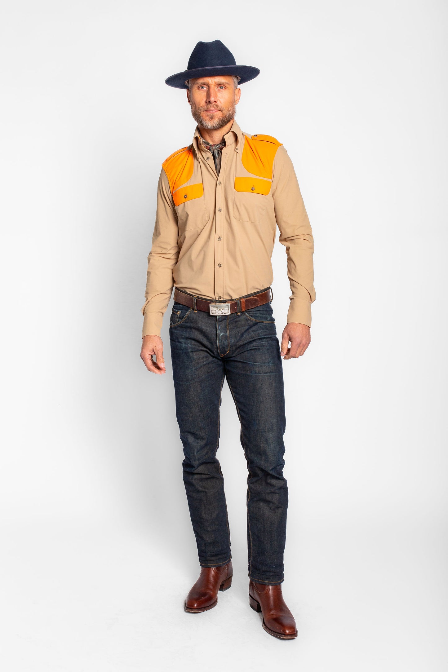 Upland Performance Field Shirt in Sand with Blaze Orange