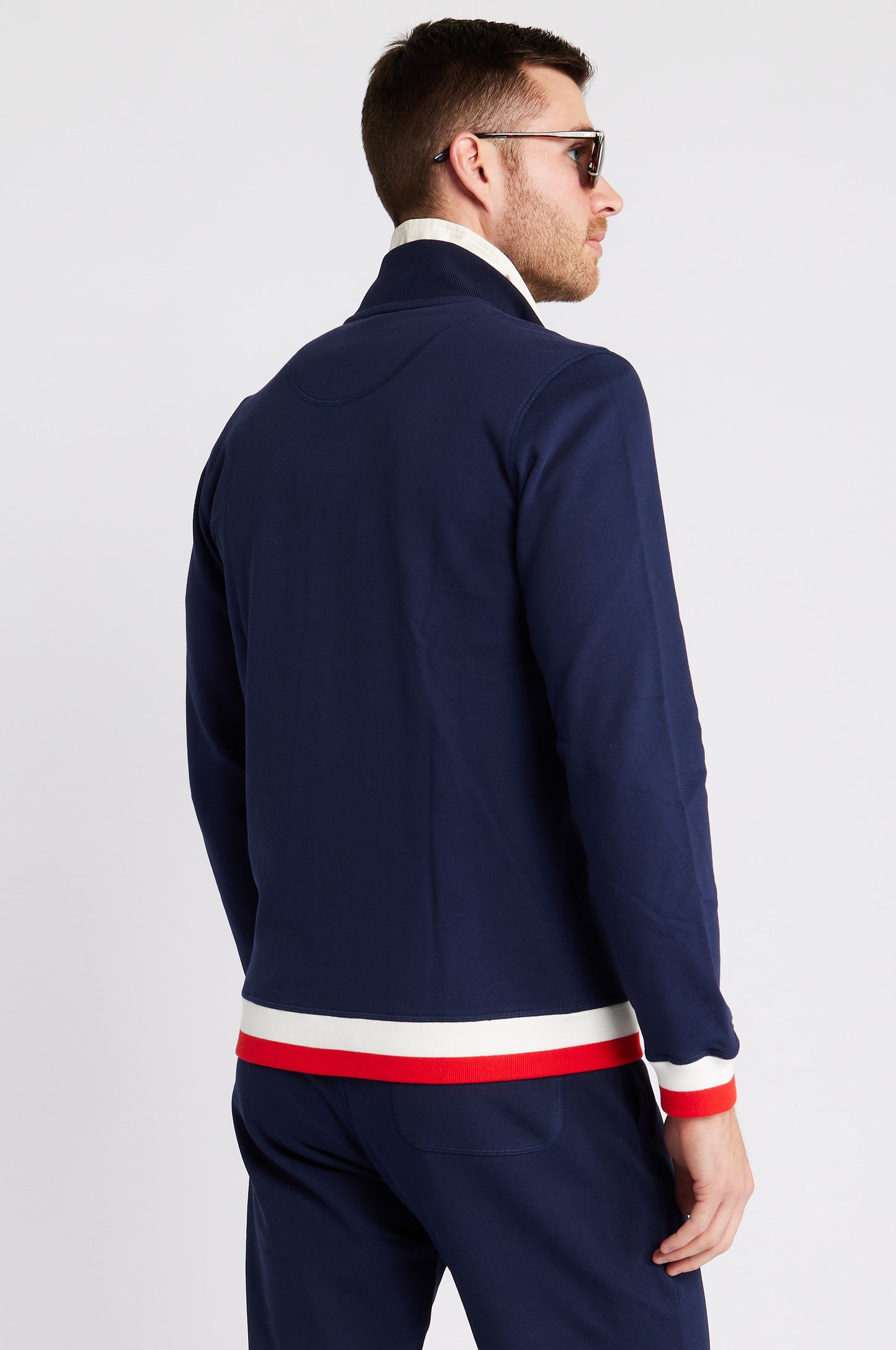 Egerton Stripe Rib Navy Zip-Thru Funnel Neck Cotton Sweatshirt