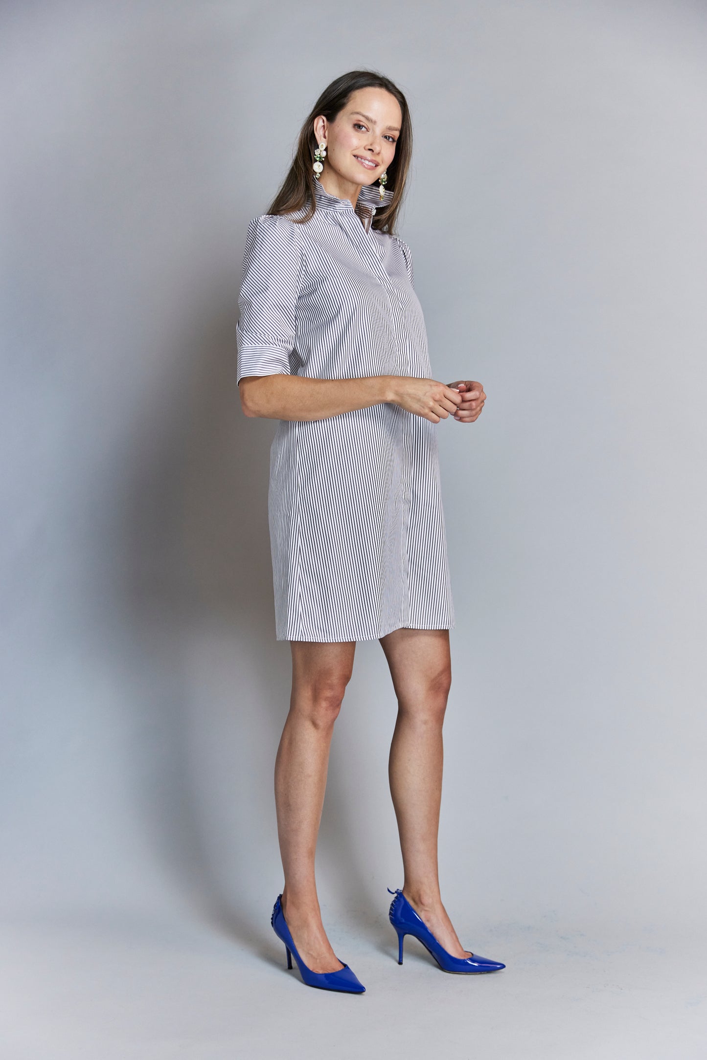 Tracy Dress in Brown Thin Stripe Short