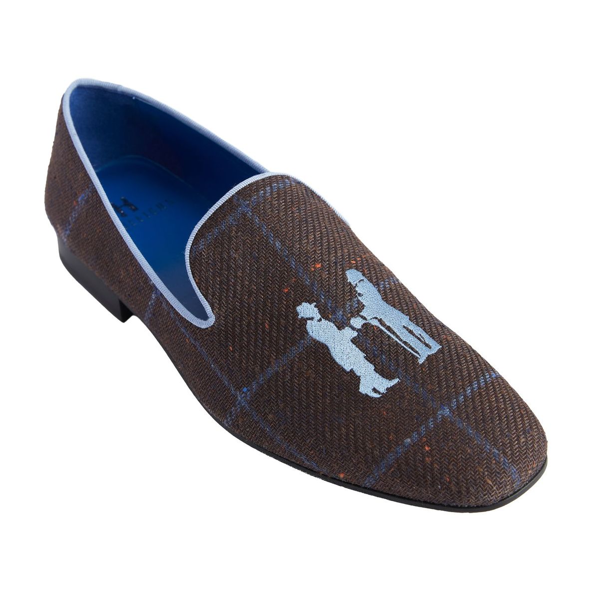 Slipper in Brown Plaid with Blue Logo