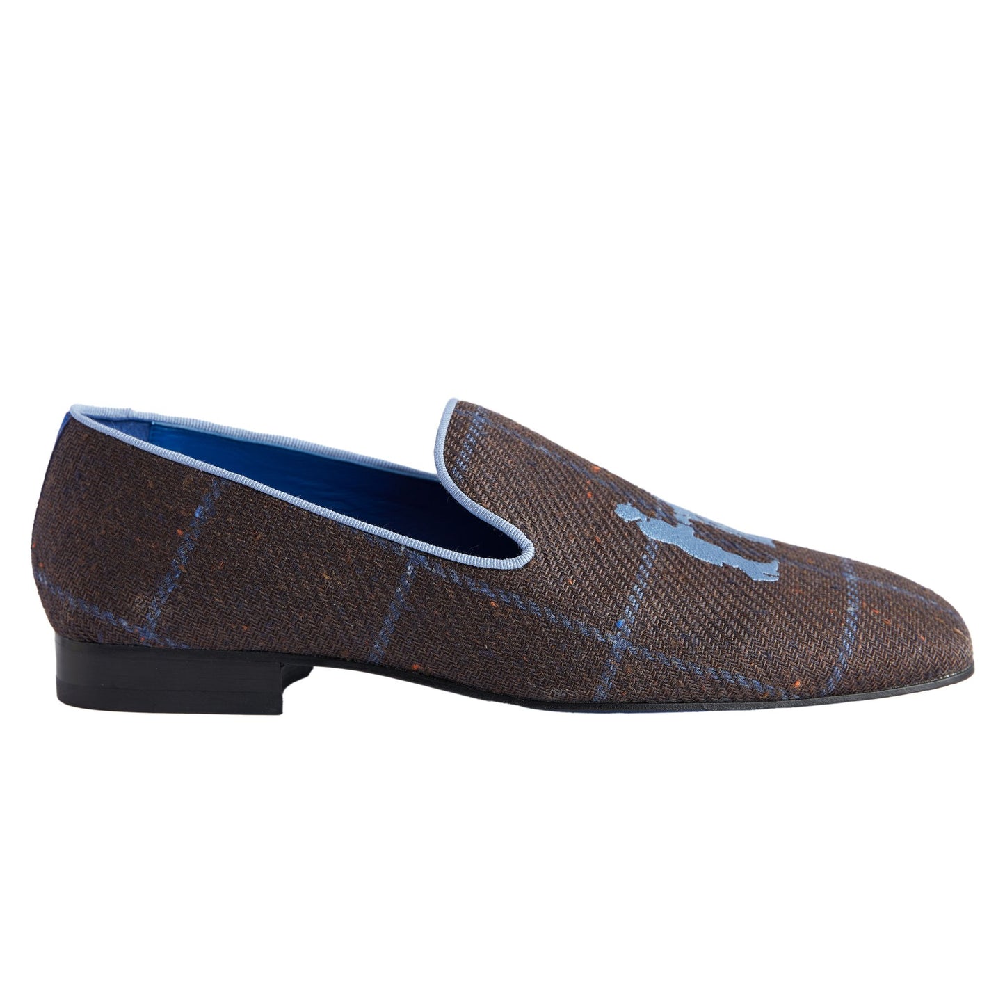 Slipper in Brown Plaid with Blue Logo
