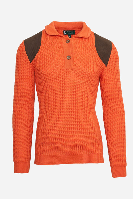 Waffleknit Collared Sweater in Orange with Sport Patches