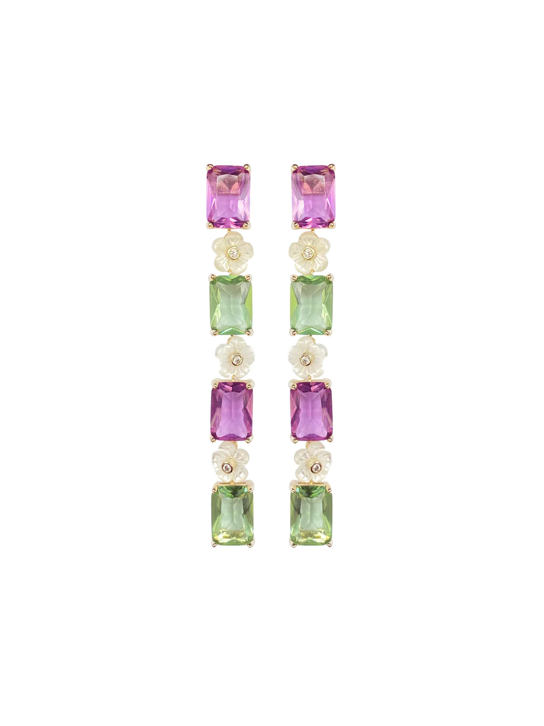 Sage Green & Lilac Mother of Pearl Flower Linear Earrings