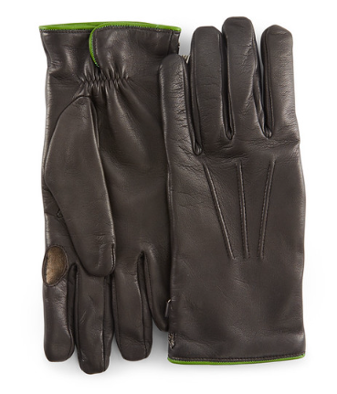 Hunting Gloves in Dark Brown Leather w/Green Trim