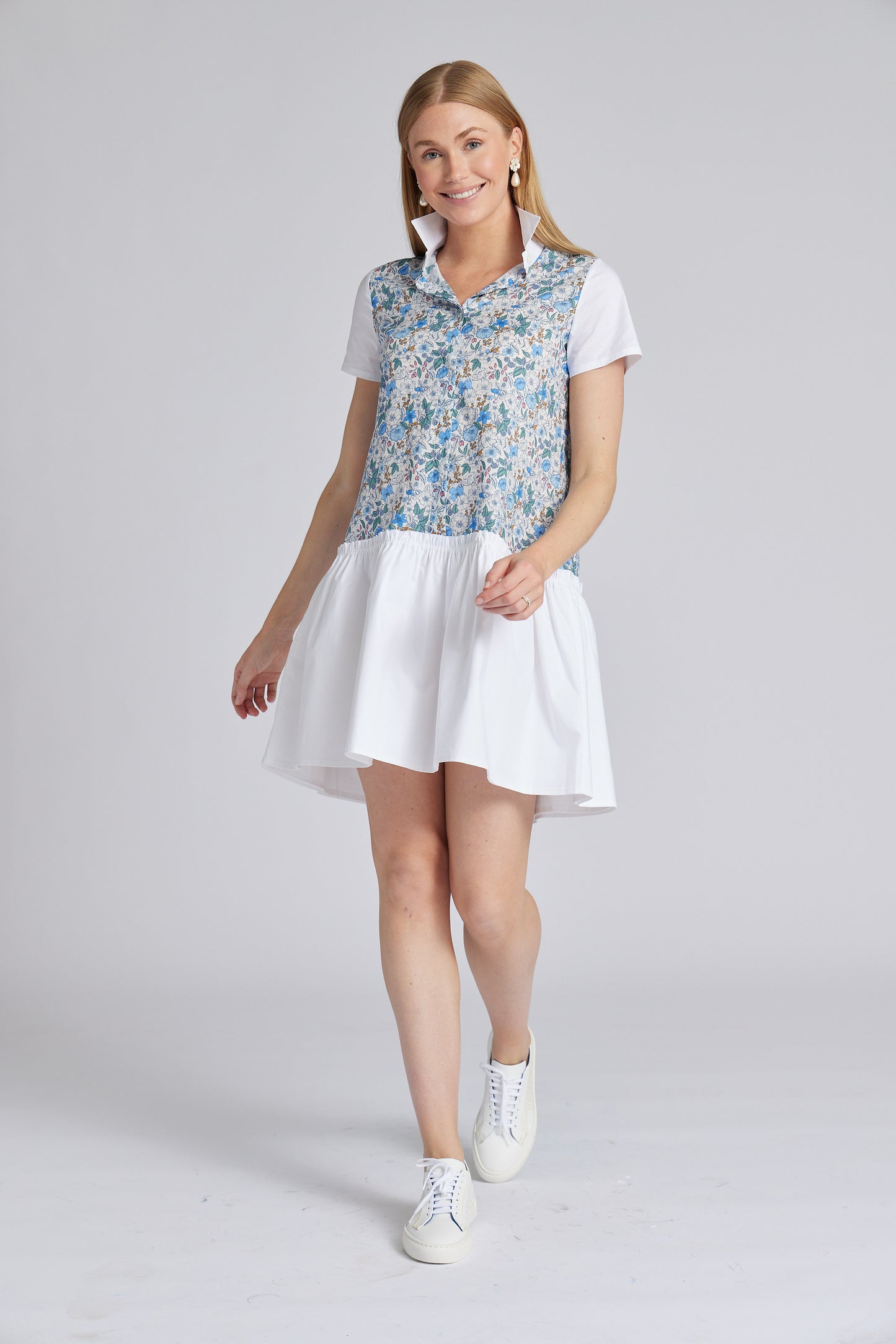 Claire Dress with Ruffle in Blue Floral & White