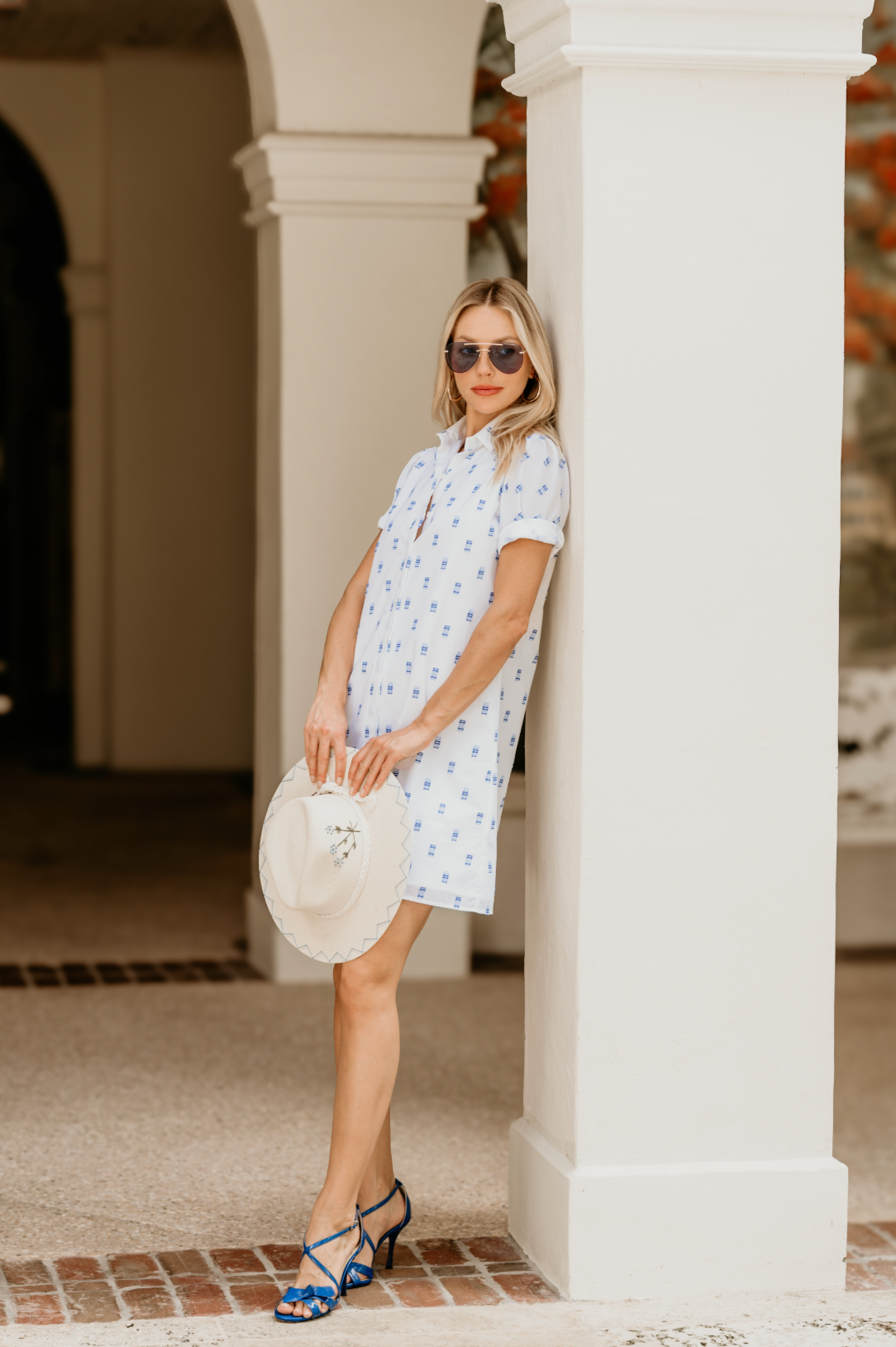 Tracy Dress in White with Blue Dot Pattern