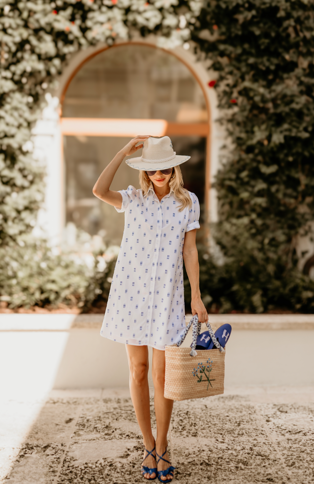 Tracy Dress in White with Blue Dot Pattern