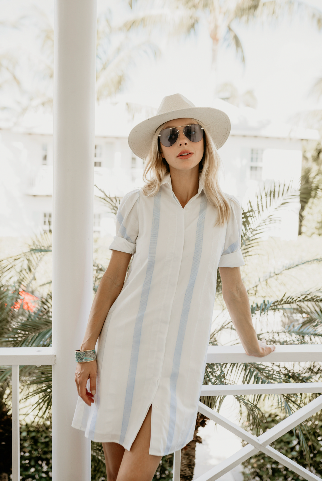 Tracy Dress in White with Blue Stripe