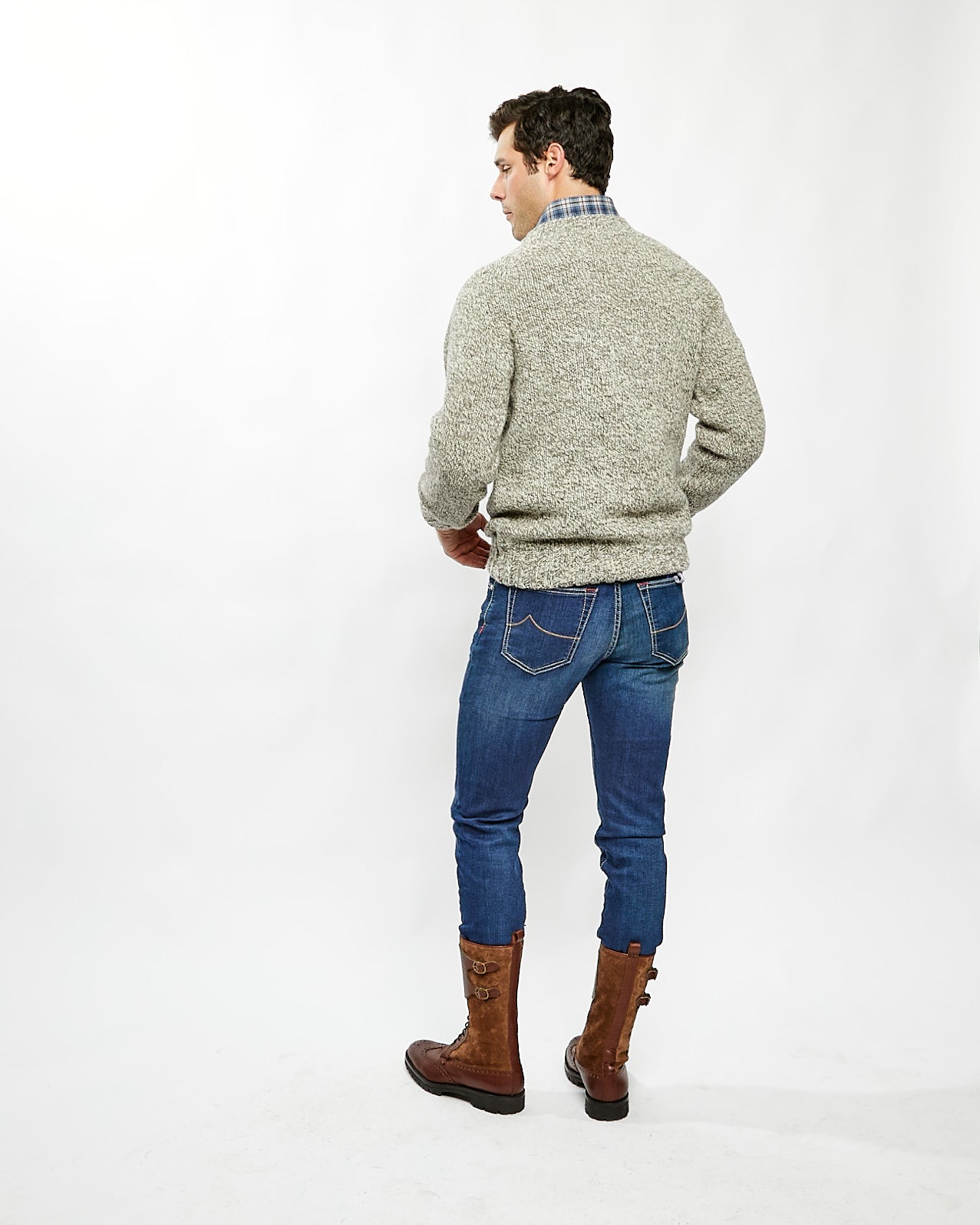 Saddle Shoulder Wool Crewneck Sweater in Grey