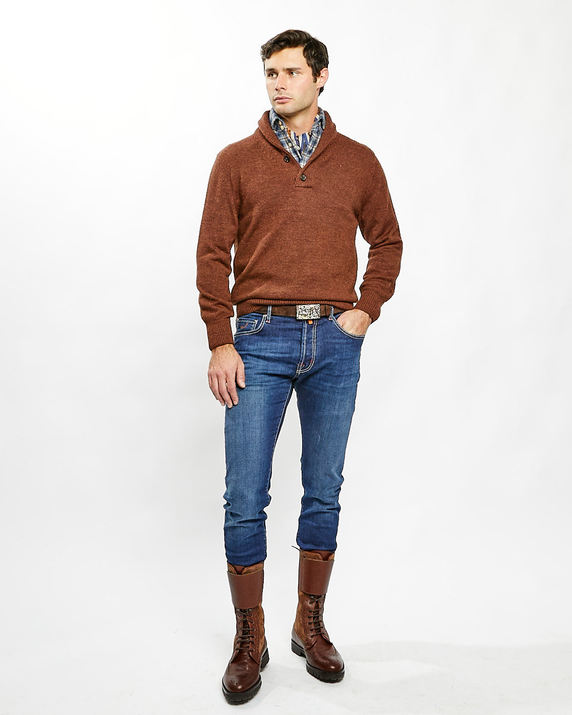 Knit Shawl Collar Sweater in Rust