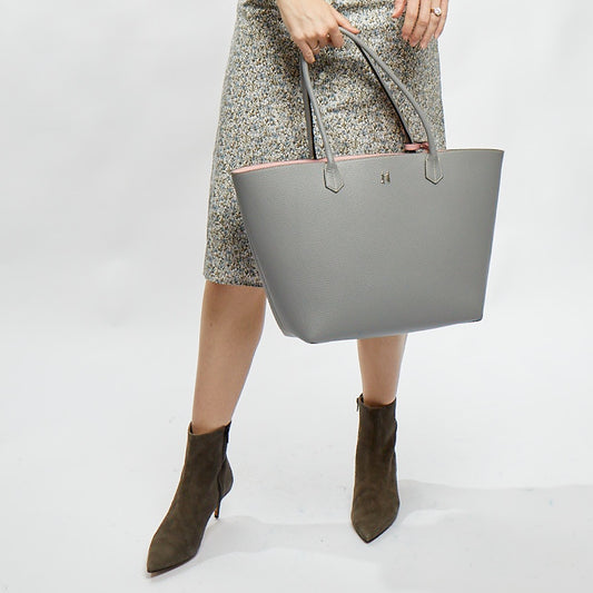 Gable Tote in Grey Leather with Pink