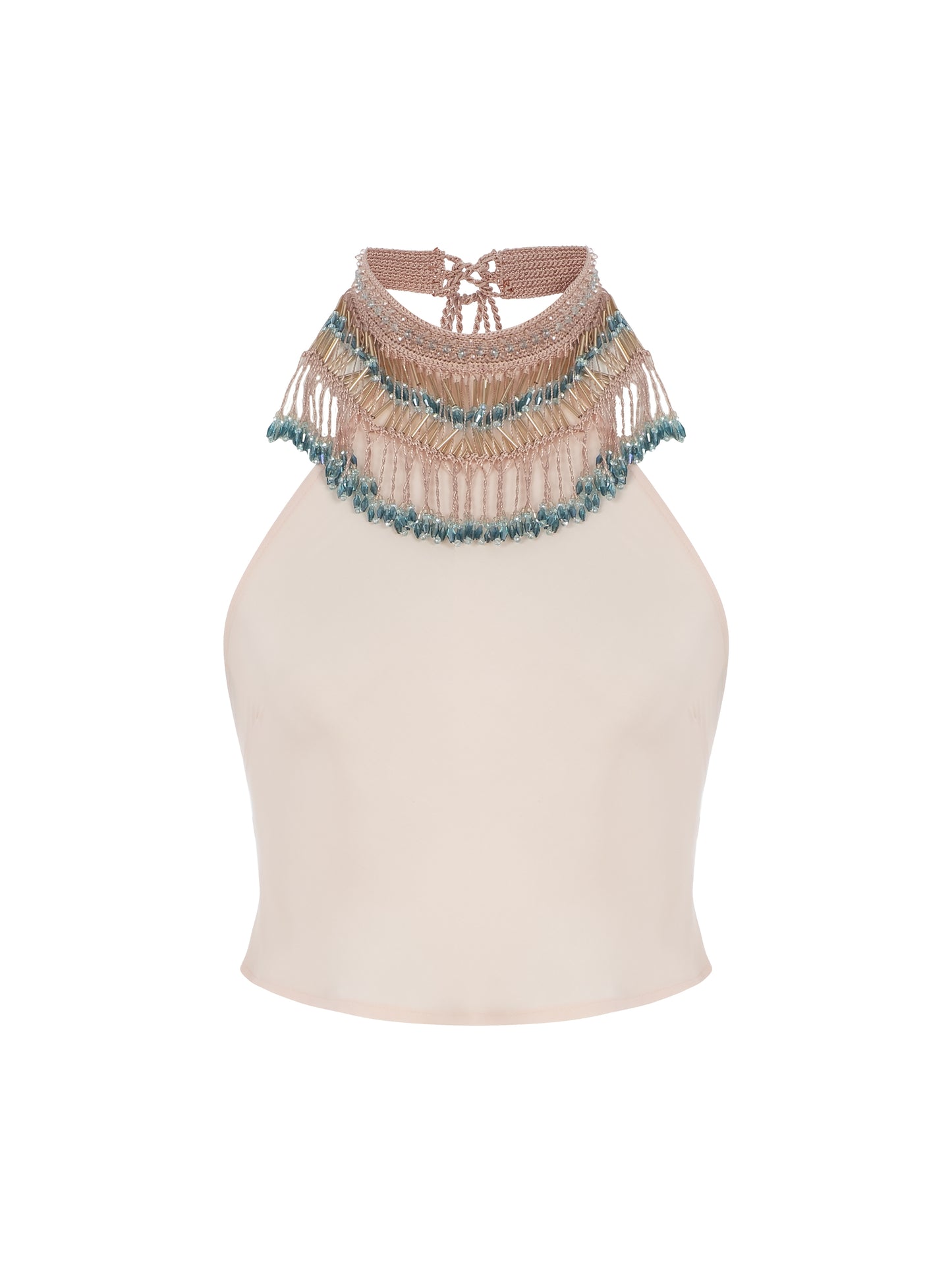 Tie Halter Top With Beaded Collar