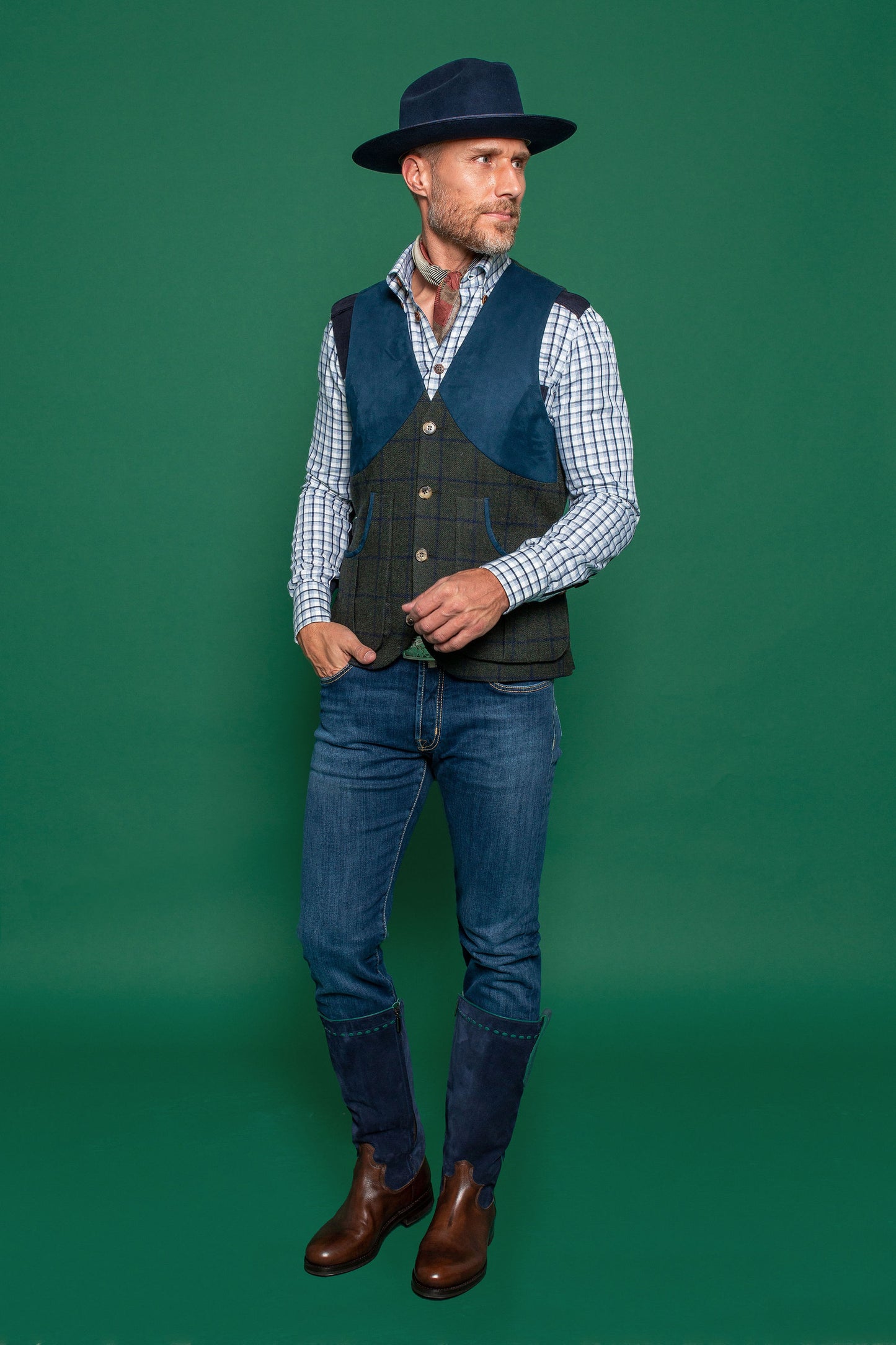 Harkey Vest in Green Windowpane