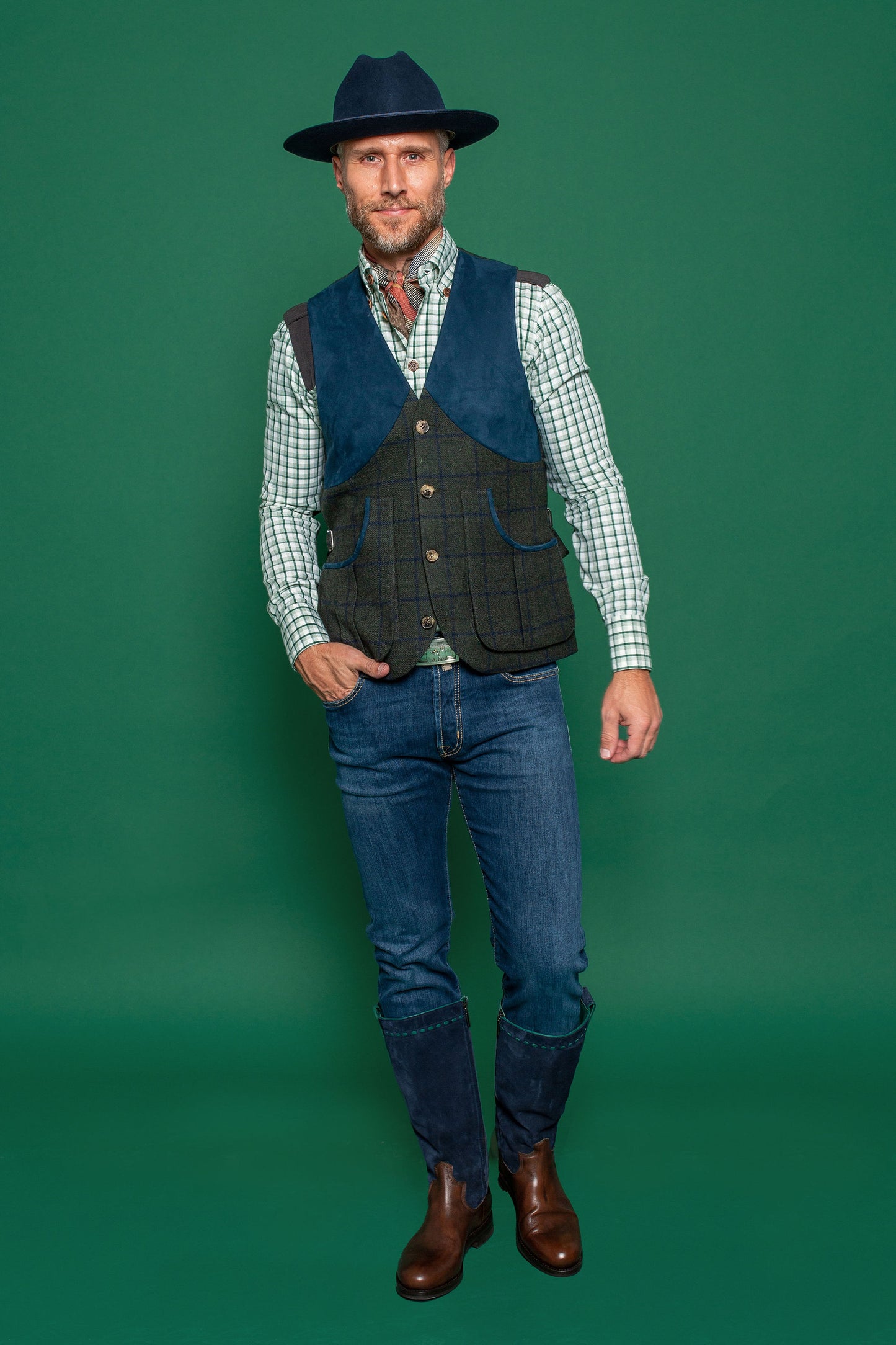 Harkey Vest in Green Windowpane