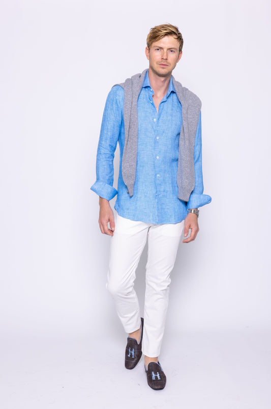 Aqua Houndstooth Linen Shirt