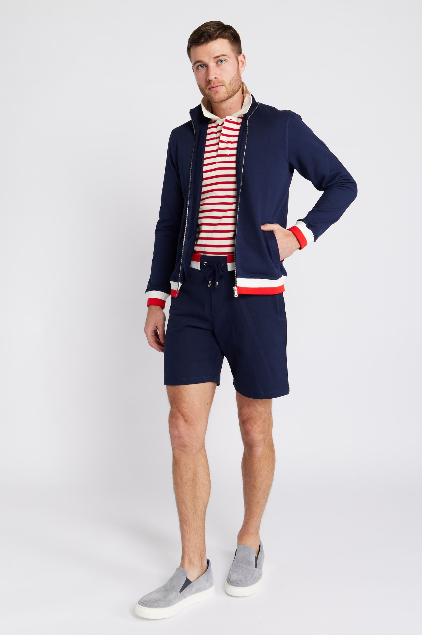 Egerton Stripe Rib Navy Zip-Thru Funnel Neck Cotton Sweatshirt