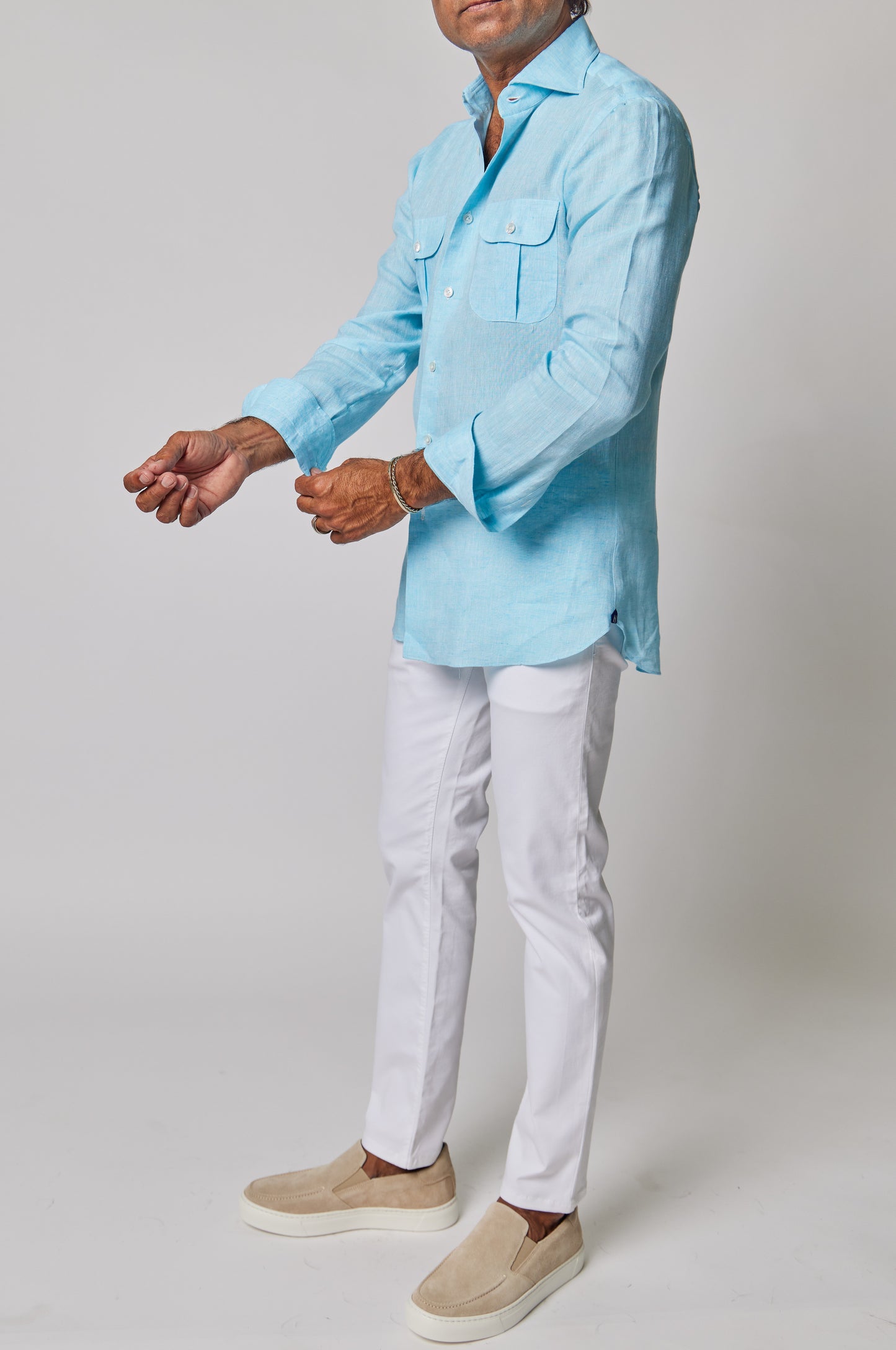 Solid Linen Work Shirt in Aqua