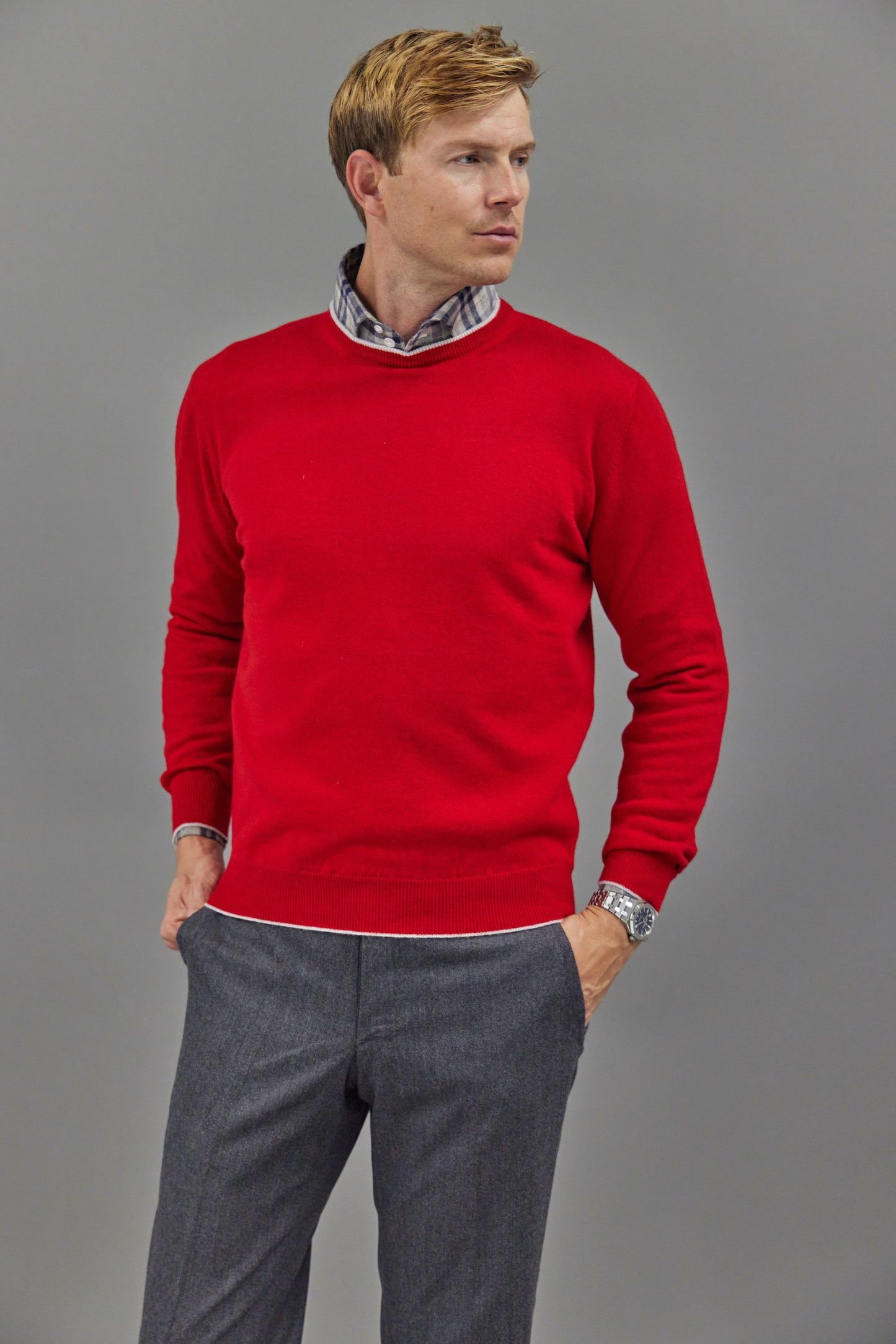 Contrast Trim Cashmere Crewneck Sweater