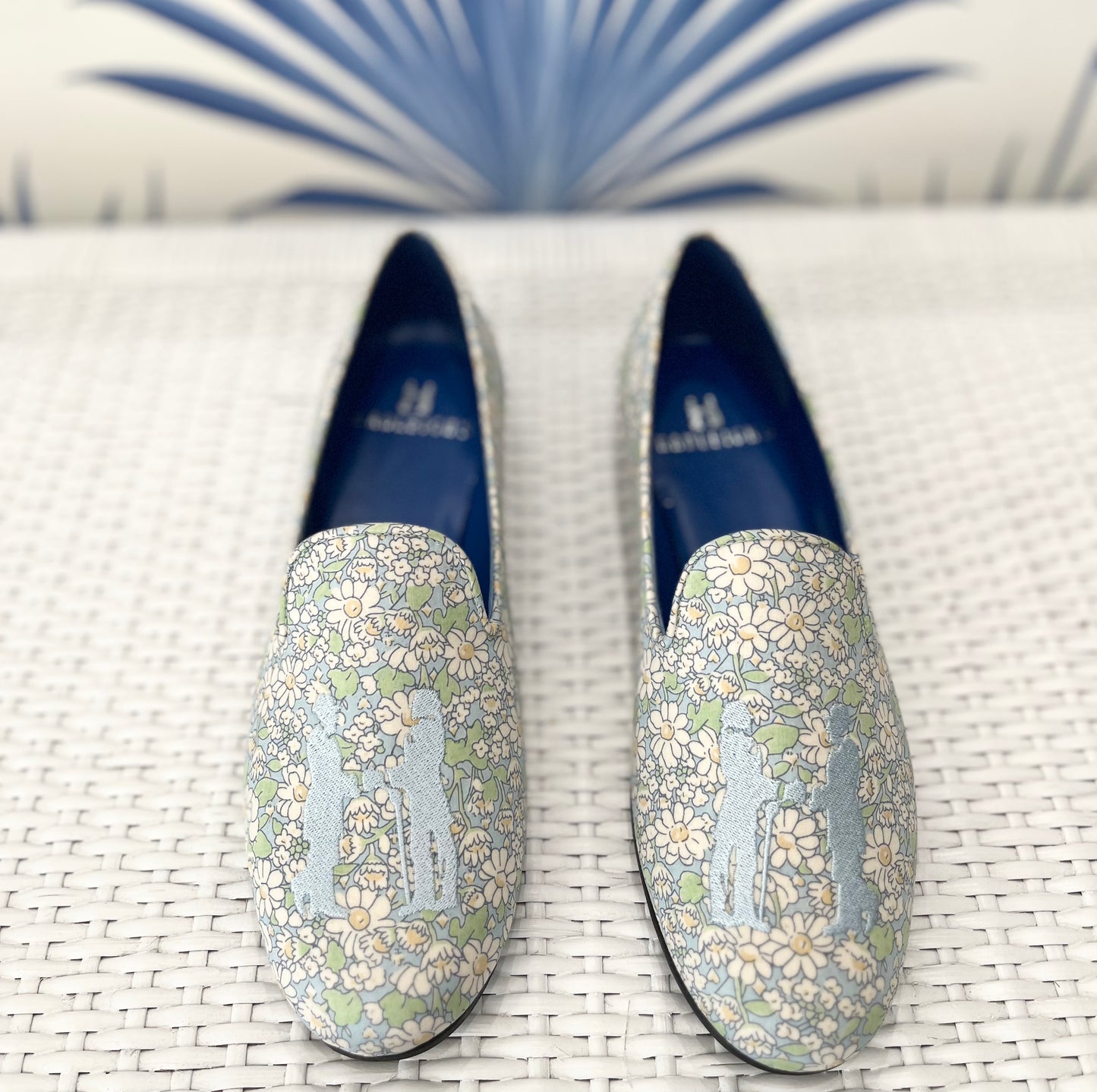 Slipper in Liberty Daisy Print with Baby Blue Logo