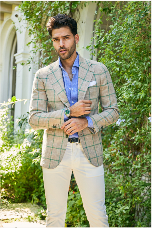 James Jacket in Khaki with Green Windowpane