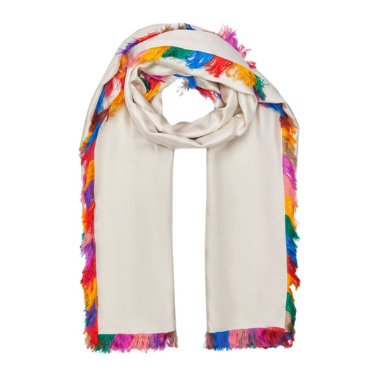 Silk Beige Scarf with Multi-Colored Fringe Edges