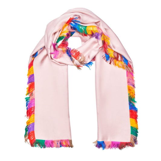 Silk Pink Scarf with Multi-Colored Fringe Edges