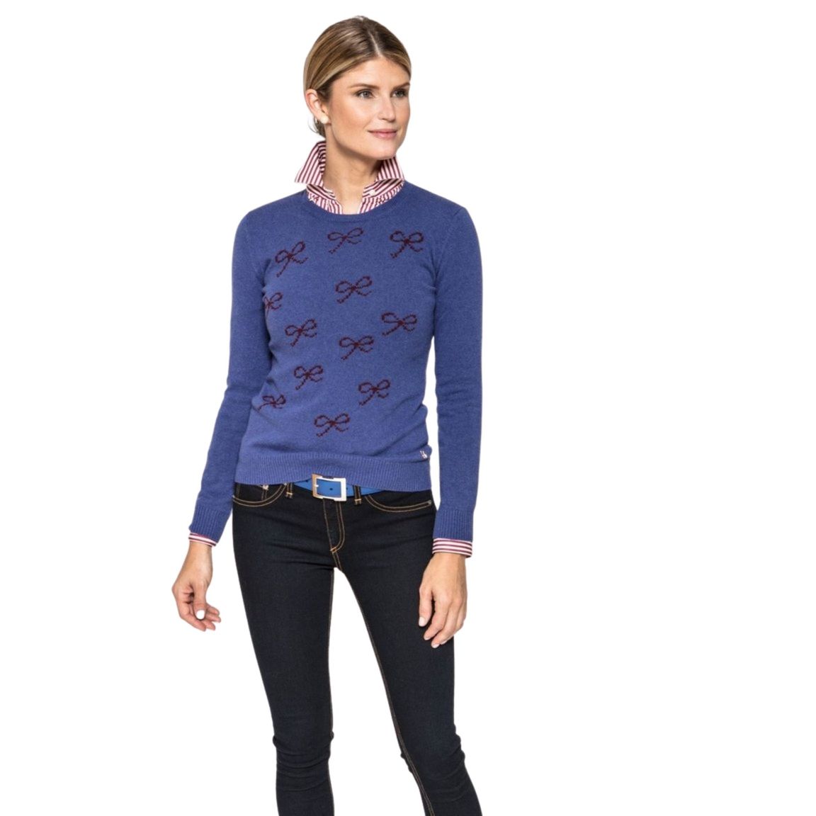 Felicity Sweater in Navy with Burgundy Bows