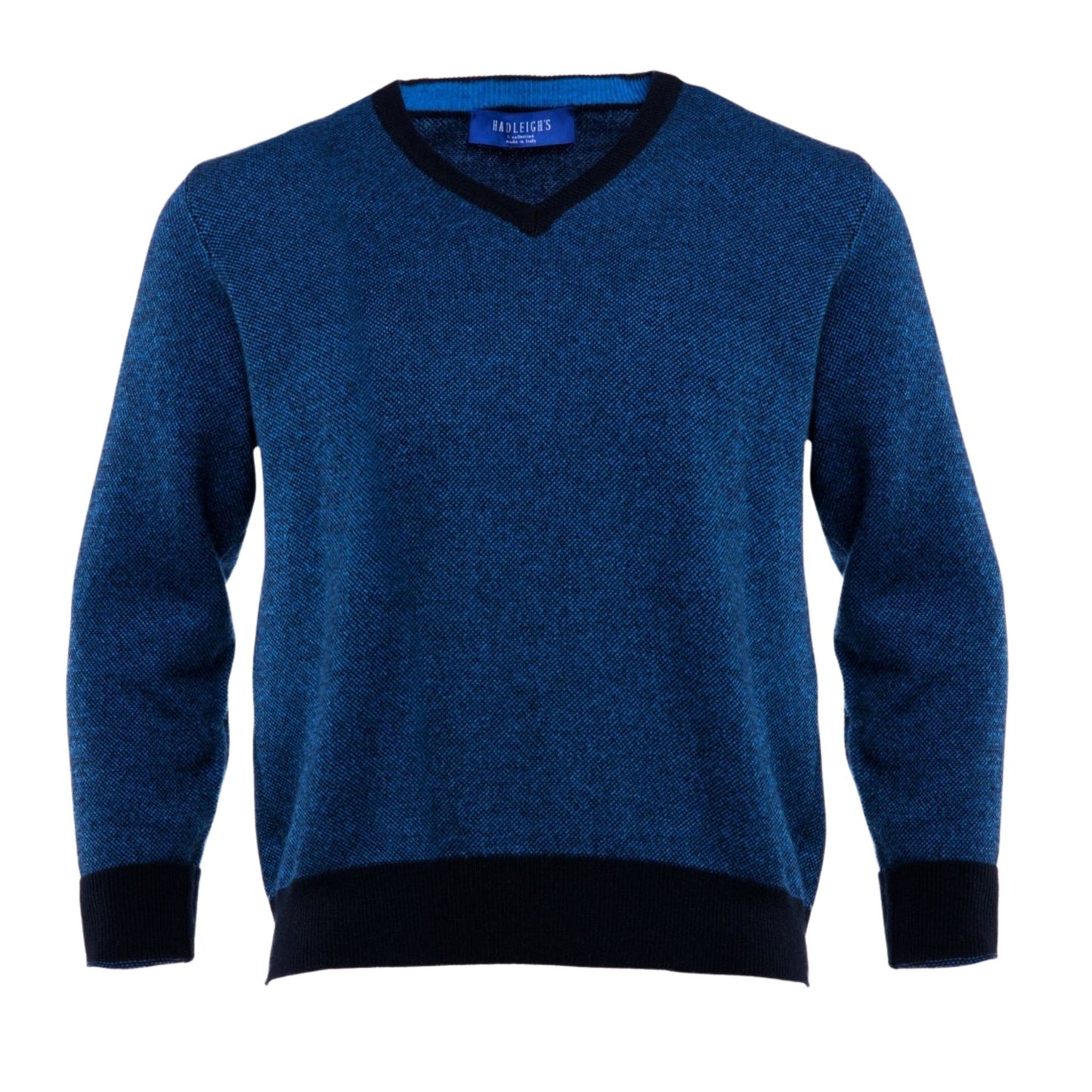 Contrast V-Neck Waffle Sweater in Navy