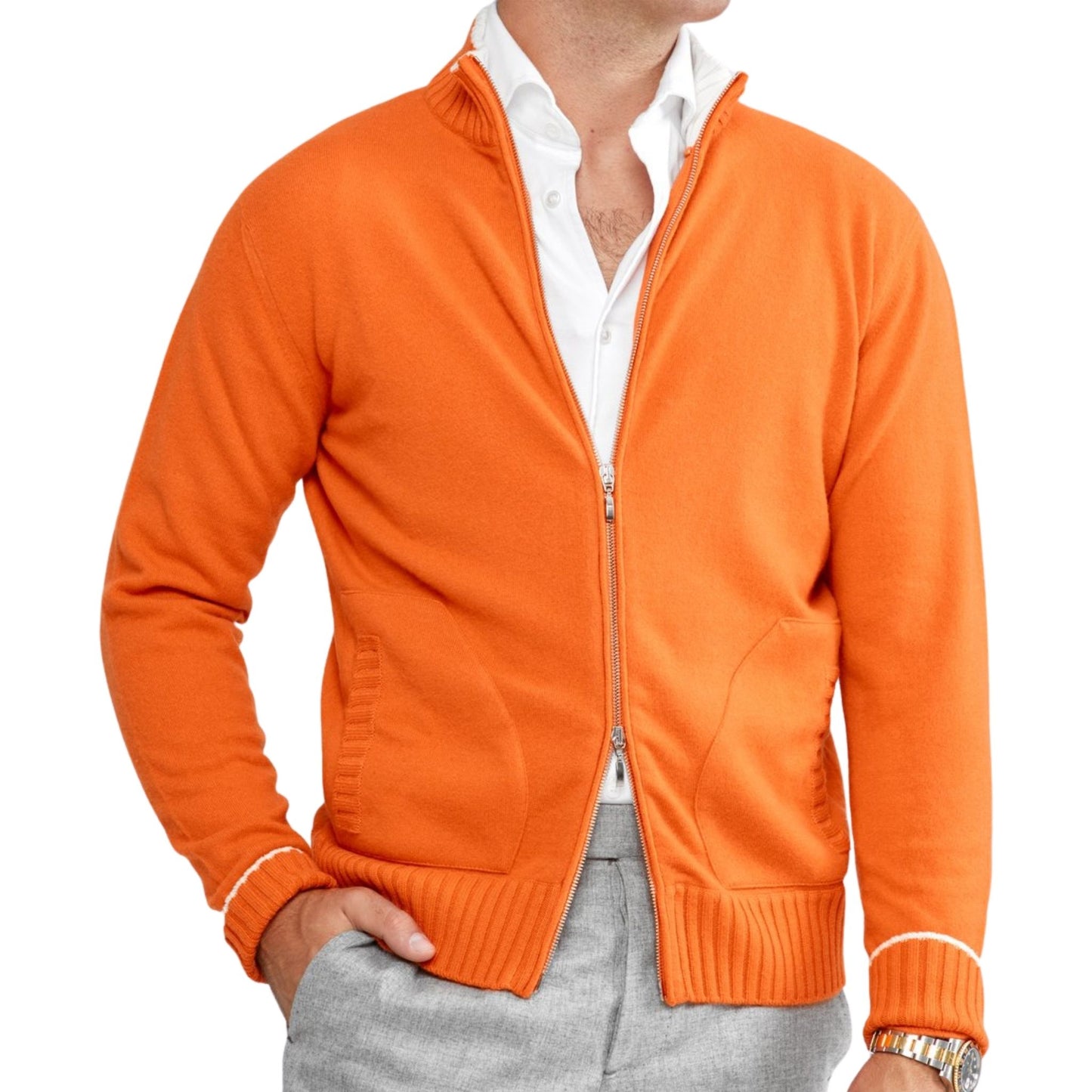 Full Zip Cashmere Cardigan Sweater in Orange