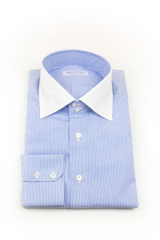 James Double Button Collar in Blue Stripe with Contrast Collar